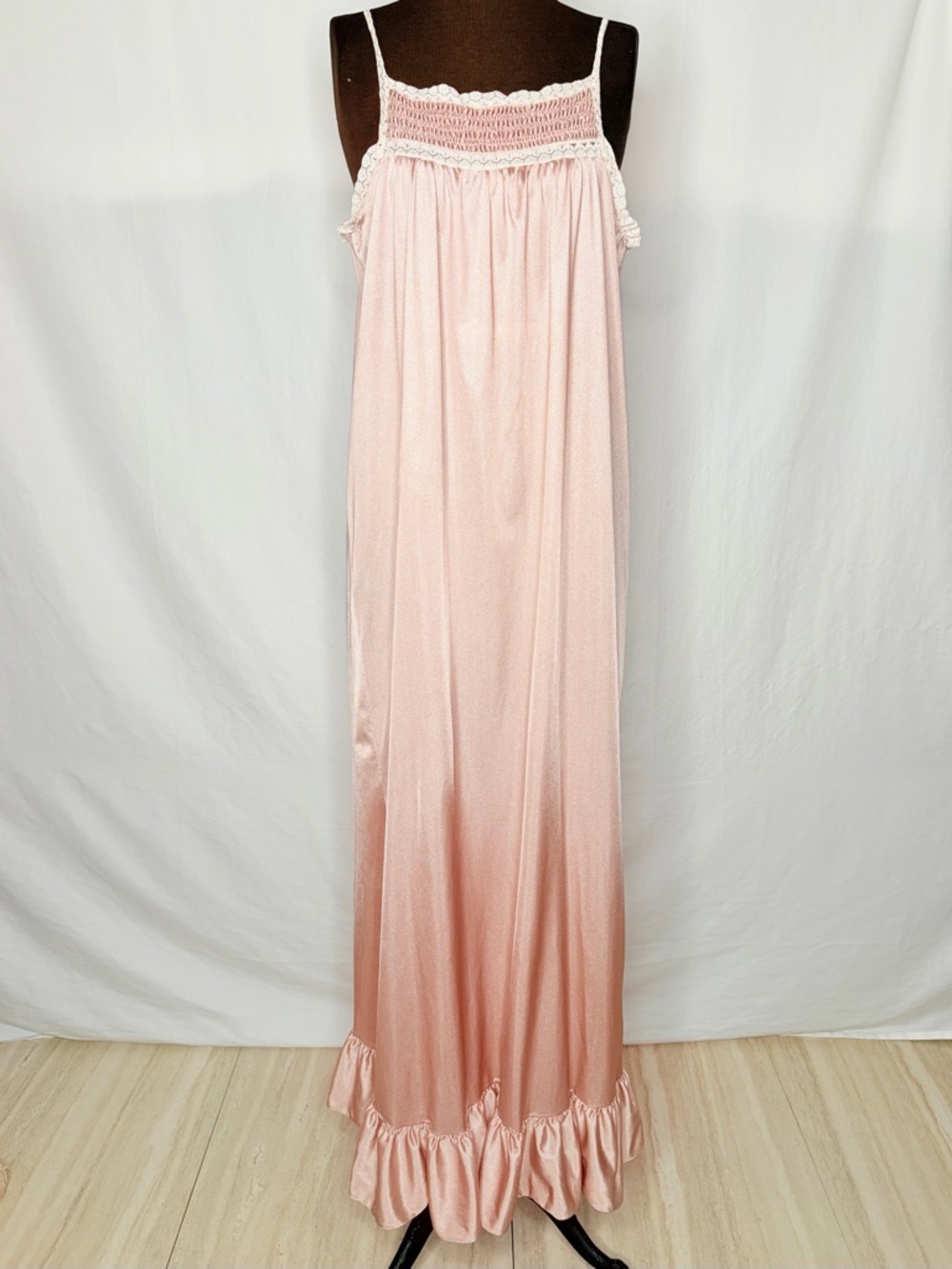 Vintage Blush Pink Satin Nightgown Maxi Lace Trim Cottagecore